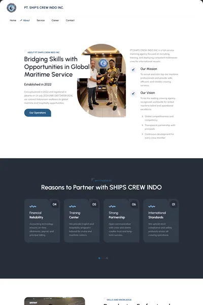Tangkapan layar website company profile basic dengan domain shipscrewindoinc.com yang pernah dibuat oleh PT Nextgen Inovasi Indonesia.