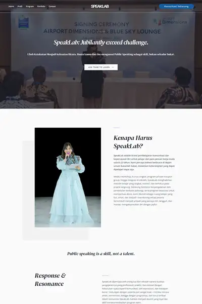 Tangkapan layar website company profile basic dengan domain speaklab.id yang pernah dibuat oleh PT Nextgen Inovasi Indonesia.
