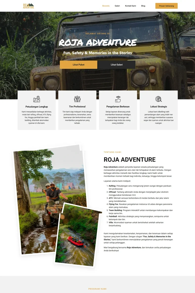Tangkapan layar website tour dan travel dengan domain rojaadventurebandung.com yang pernah dibuat oleh PT Nextgen Inovasi Indonesia