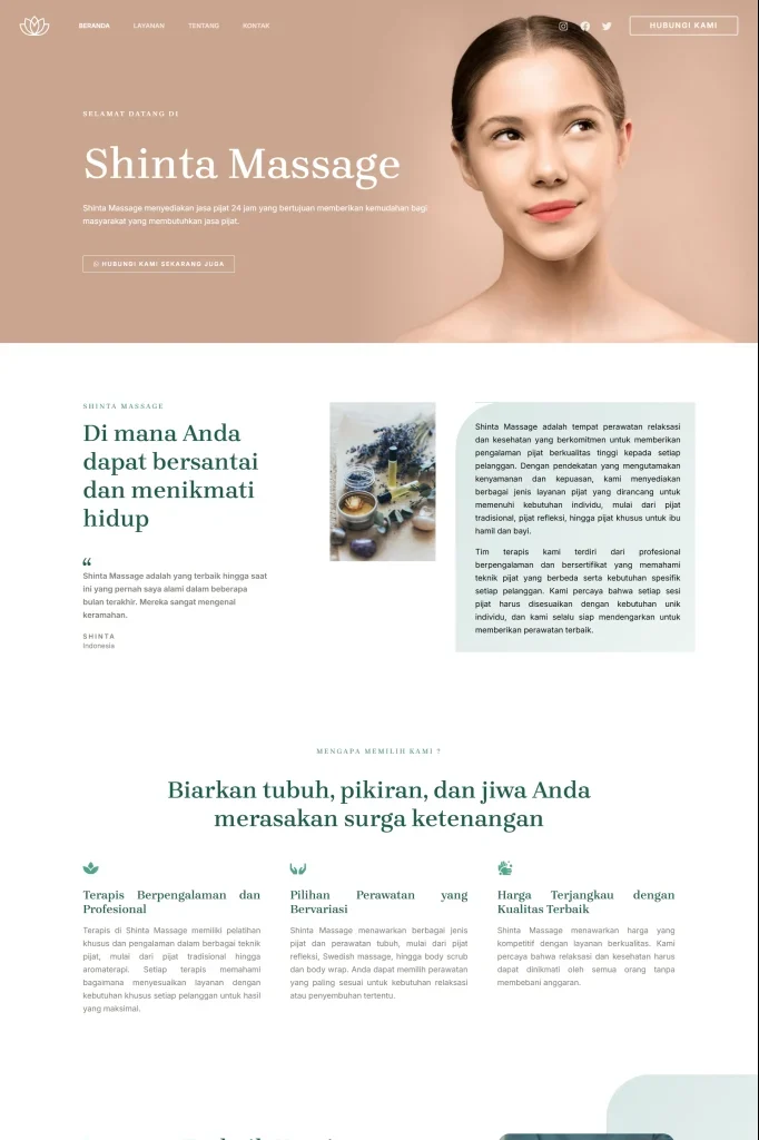 Tangkapan layar website company profile dengan domain shinta-massage.com yang pernah dibuat oleh PT Nextgen Inovasi Indonesia