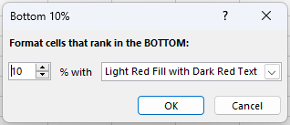 Pengaturan 10 persen dan memilih Light Red Fill pada Bottom 10 Percent Excel