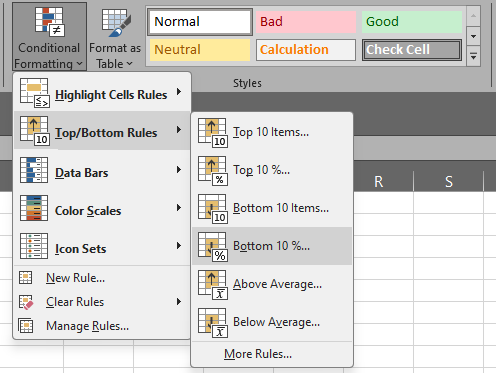 Memilih menu Bottom 10 Percent pada Conditional Formatting Excel