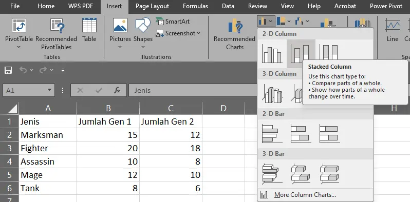 Memilih menu Stacked Column Chart di Excel