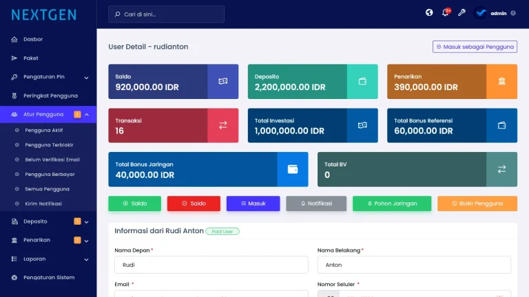 Detail pengguna bagian atas