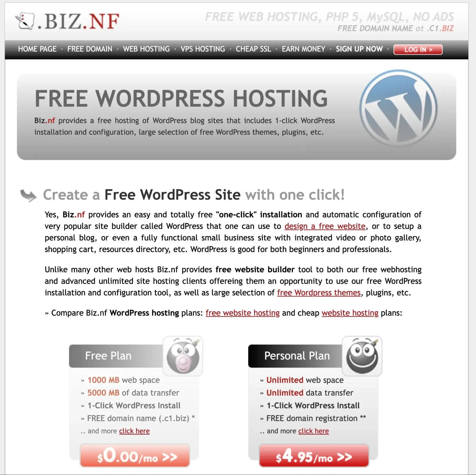 Tangkapan layar halaman hosting WordPress gratis Biz.nf