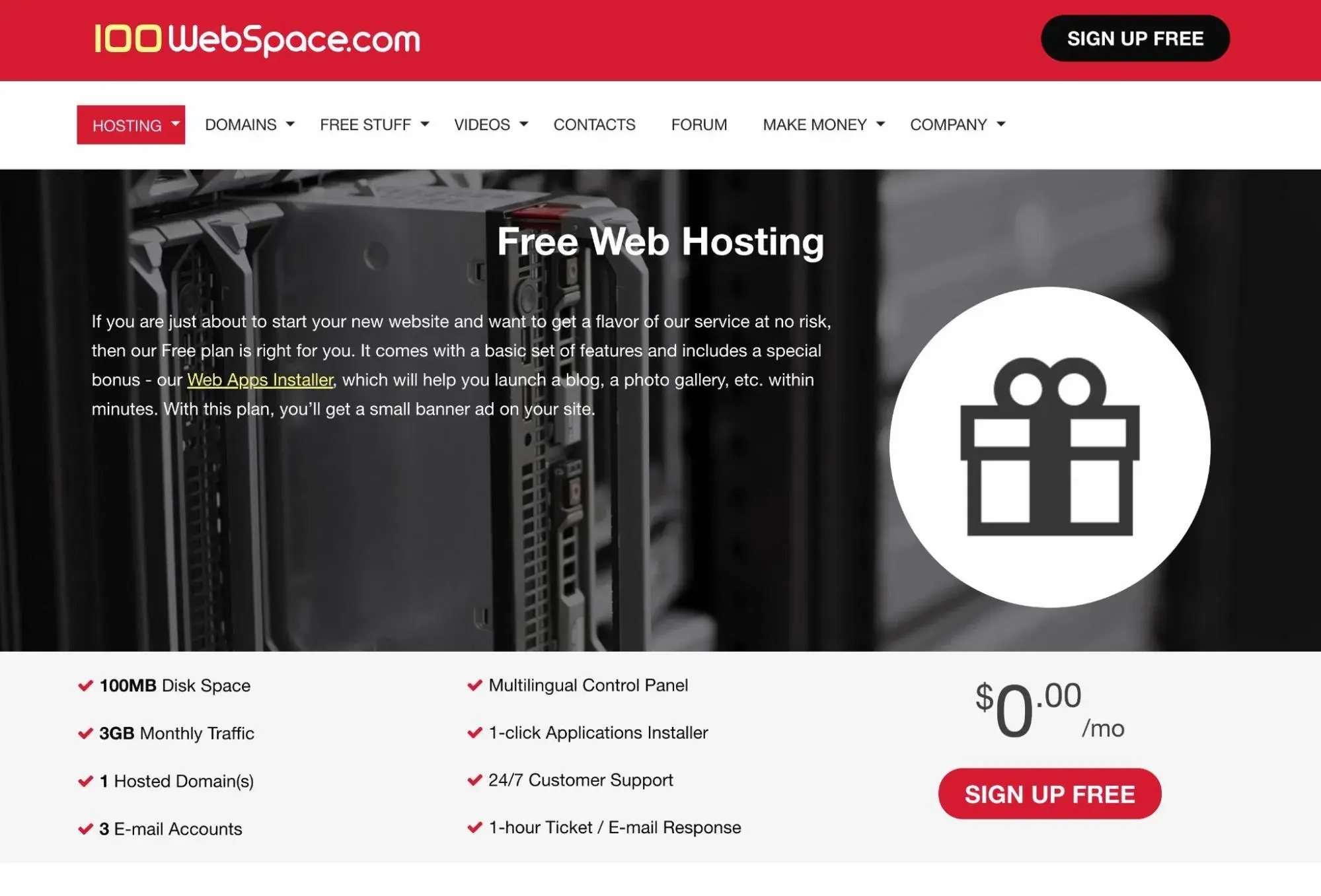 Tangkapan layar halaman hosting gratis 100 WebSpace