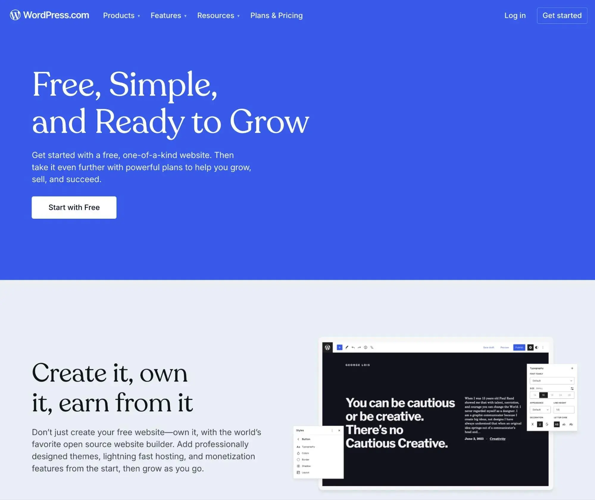 Tangkapan layar layanan hosting gratis WordPress.com