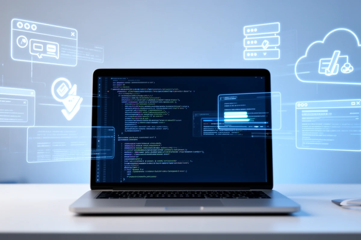 Panduan dasar pengembangan web untuk pemula, membahas HTML, CSS, JavaScript, CMS, front-end, back-end, dan proses membuat website.