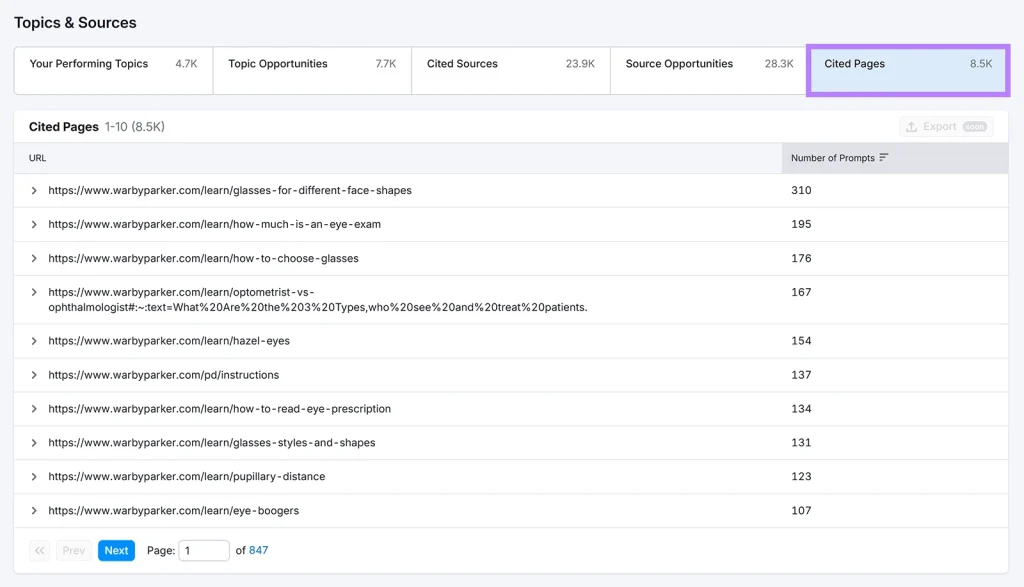 Laporan Topics & Sources dengan tab Cited Pages disorot