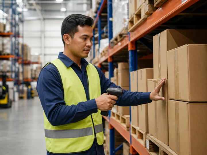Tim gudang memindai stok di warehouse dengan Odoo Inventory