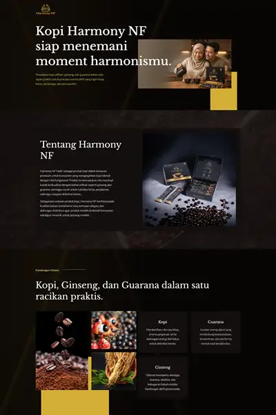 Tangkapan layar website company profile dengan domain harmonynf.com yang pernah dibuat oleh PT Nextgen Inovasi Indonesia
